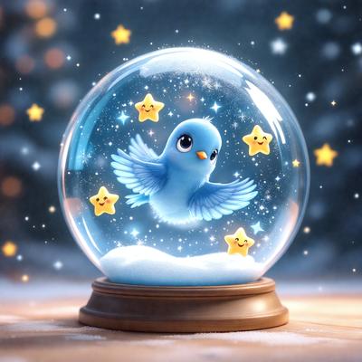 The primary subject of the image is a small bird, which is depicted in a whimsical and playful manner. The bird is perched on a snow globe, surrounded by a snowy landscape. The setting includes a starry night sky, adding to the overall atmosphere of the scene. The visual style of the image is a combination of digital art and illustration, creating a unique and imaginative representation of the bird in the snow globe. The colors and mood of the image are predominantly cold and wintry